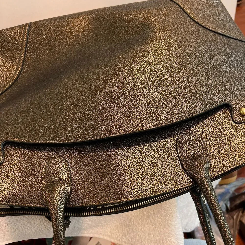 London Fog Tote Metallic Brown Leather Satchel Handbag Zip Double Handle Large - Picture 4 of 16
